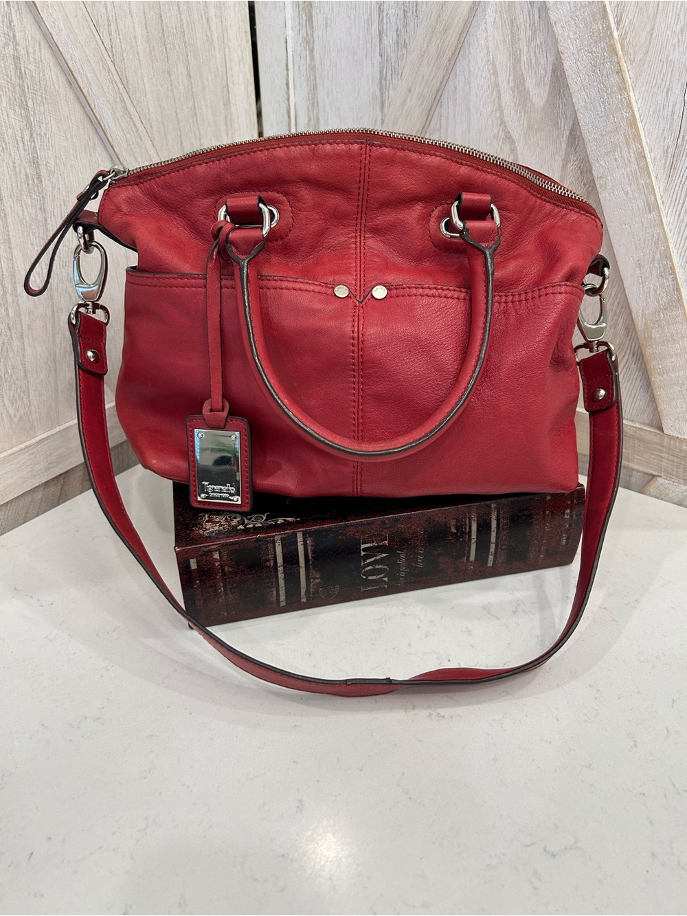 Tignanello Red Leather Convertible Satchel Shoulder Bag